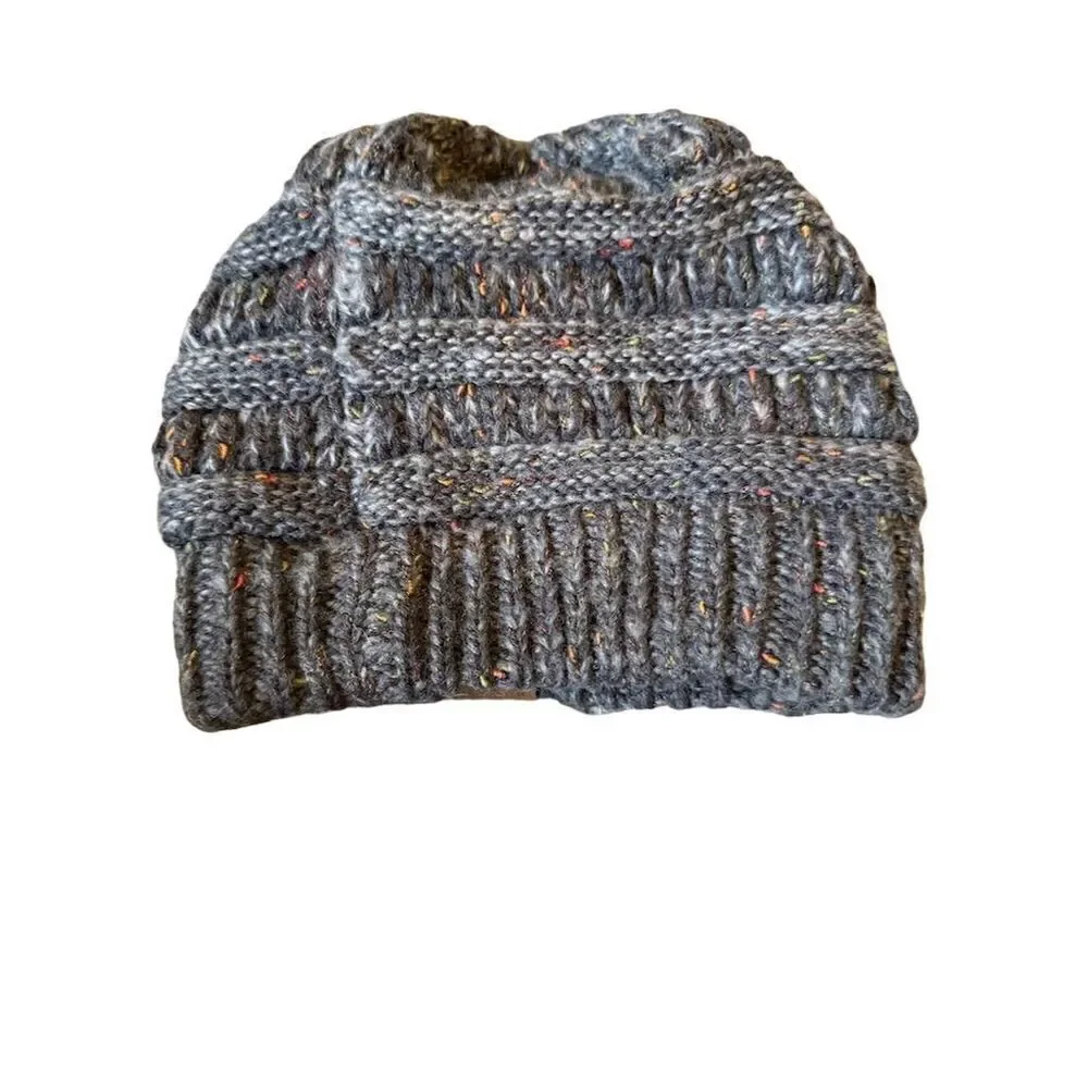 C.C Unisex Confetti Flecked Ponytail Cable Knit Beanie Hat Gray